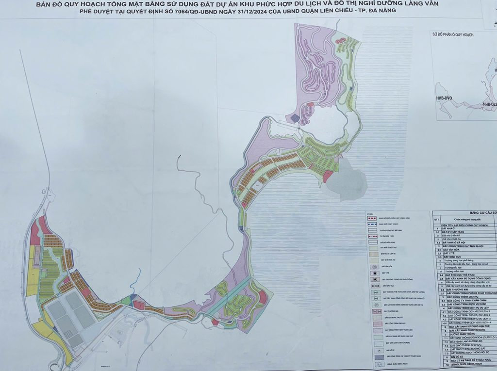 Bản đồ quy hoạch sử dụng đất khu đô thị nghỉ dưỡng Vinhomes Làng Vân tại Đà Nẵng, thể hiện phân khu chức năng, giao thông và tiện ích