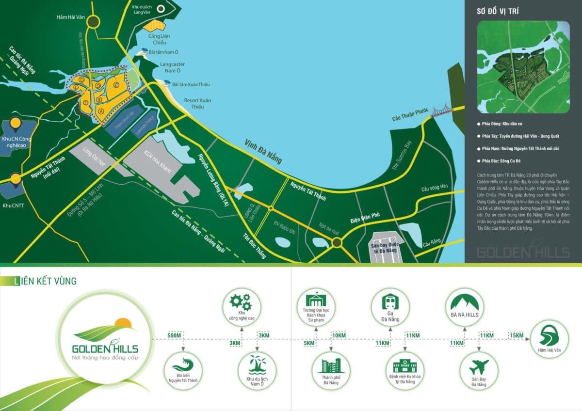 Bản đồ vị trí dự án Vinhomes Golden Hills Đà Nẵng kết nối các trục giao thông chính như đường Nguyễn Tất Thành, cao tốc Đà Nẵng – Quảng Ngãi, và các địa danh như bãi biển Xuân Thiều, Bà Nà Hills, sân bay Đà Nẵng.